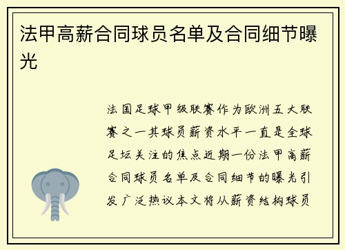 法甲高薪合同球员名单及合同细节曝光
